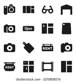 Flat vector icon set - window cleaning vector, shining, cutting board, glasses, film frame, camera, barn, rent signboard, open