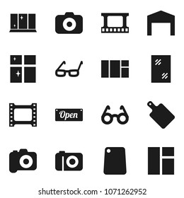 Flat vector icon set - window cleaning vector, shining, cutting board, glasses, film frame, camera, barn, open