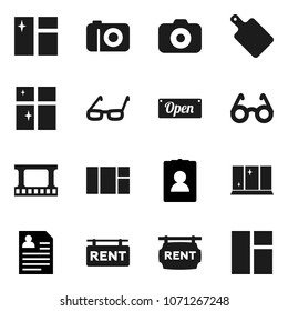 Flat vector icon set - window cleaning vector, shining, cutting board, glasses, personal information, film frame, camera, rent signboard, open