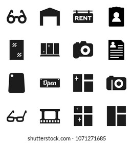 Flat vector icon set - window cleaning vector, shining, cutting board, glasses, personal information, film frame, camera, barn, rent signboard, open