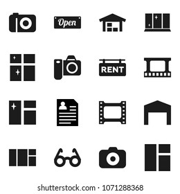 Flat vector icon set - window cleaning vector, shining, glasses, personal information, film frame, camera, barn, rent signboard, open