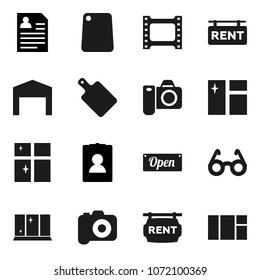 Flat vector icon set - window cleaning vector, shining, cutting board, glasses, personal information, film frame, camera, barn, rent signboard, open