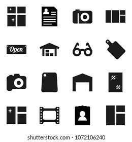 Flat vector icon set - window cleaning vector, shining, cutting board, glasses, personal information, film frame, camera, barn, open