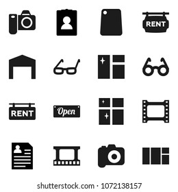 Flat vector icon set - window cleaning vector, shining, cutting board, glasses, personal information, film frame, camera, barn, rent signboard, open