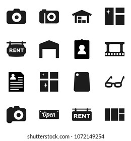 Flat vector icon set - window cleaning vector, shining, cutting board, glasses, personal information, film frame, camera, barn, rent signboard, open