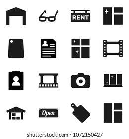 Flat vector icon set - window cleaning vector, shining, cutting board, glasses, personal information, film frame, camera, barn, rent signboard, open