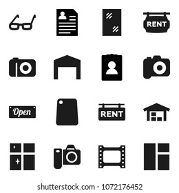 Flat vector icon set - window cleaning vector, shining, cutting board, glasses, personal information, film frame, camera, barn, rent signboard, open