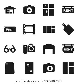 Flat vector icon set - window cleaning vector, shining, cutting board, glasses, film frame, camera, barn, rent signboard, open