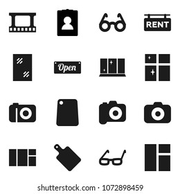 Flat vector icon set - window cleaning vector, shining, cutting board, glasses, personal information, film frame, camera, rent signboard, open