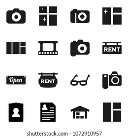 Flat vector icon set - window cleaning vector, shining, glasses, personal information, film frame, camera, barn, rent signboard, open