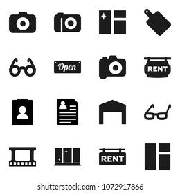 Flat vector icon set - window cleaning vector, shining, cutting board, glasses, personal information, film frame, camera, barn, rent signboard, open