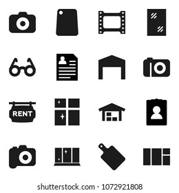 Flat vector icon set - window cleaning vector, shining, cutting board, glasses, personal information, film frame, camera, barn, rent signboard