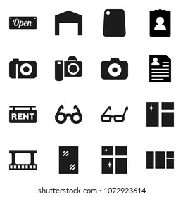 Flat vector icon set - window cleaning vector, shining, cutting board, glasses, personal information, film frame, camera, barn, rent signboard, open