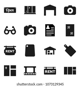 Flat vector icon set - window cleaning vector, shining, cutting board, glasses, personal information, film frame, camera, barn, rent signboard, open