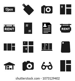 Flat vector icon set - window cleaning vector, shining, cutting board, glasses, personal information, camera, barn, rent signboard, open