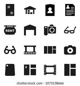 Flat vector icon set - window cleaning vector, cutting board, glasses, personal information, film frame, camera, barn, rent signboard