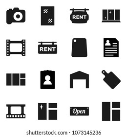 Flat vector icon set - window cleaning vector, shining, cutting board, personal information, film frame, camera, barn, rent signboard, open