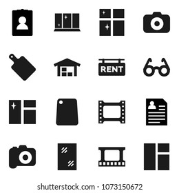 Flat vector icon set - window cleaning vector, shining, cutting board, glasses, personal information, film frame, camera, barn, rent signboard