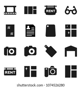 Flat vector icon set - window cleaning vector, shining, cutting board, glasses, personal information, film frame, camera, barn, rent signboard