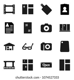 Flat vector icon set - window cleaning vector, shining, cutting board, glasses, personal information, film frame, camera, barn, open