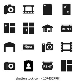 Flat vector icon set - window cleaning vector, shining, cutting board, personal information, film frame, camera, barn, rent signboard, open