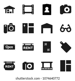 Flat vector icon set - window cleaning vector, cutting board, glasses, personal information, film frame, camera, barn, rent signboard, open
