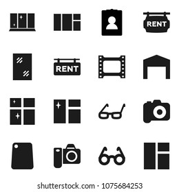 Flat vector icon set - window cleaning vector, shining, cutting board, glasses, personal information, film frame, camera, barn, rent signboard