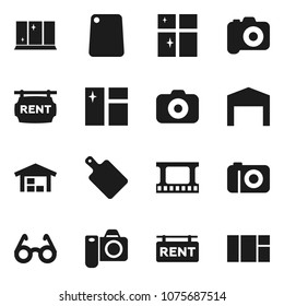 Flat vector icon set - window cleaning vector, shining, cutting board, glasses, film frame, camera, barn, rent signboard