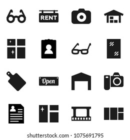 Flat vector icon set - window cleaning vector, shining, cutting board, glasses, personal information, film frame, camera, barn, rent signboard, open