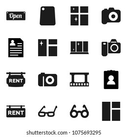 Flat vector icon set - window cleaning vector, shining, cutting board, glasses, personal information, film frame, camera, rent signboard, open