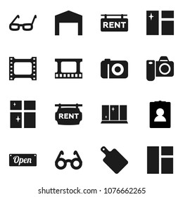 Flat vector icon set - window cleaning vector, shining, cutting board, glasses, personal information, film frame, barn, rent signboard, open, camera
