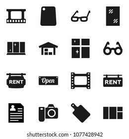 Flat vector icon set - window cleaning vector, shining, cutting board, glasses, personal information, film frame, barn, rent signboard, open, camera