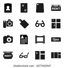 Flat vector icon set - window cleaning vector, shining, cutting board, glasses, personal information, film frame, camera, rent signboard, open
