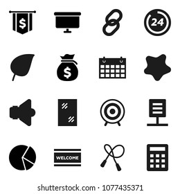 Flat vector icon set - window cleaning vector, splotch, welcome mat, leaf, pie graph, money bag, presentation board, dollar flag, jump rope, target, calendar, speaker, link, network document