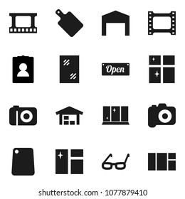 Flat vector icon set - window cleaning vector, shining, cutting board, glasses, personal information, film frame, camera, barn, open