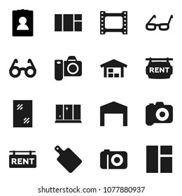 Flat vector icon set - window cleaning vector, shining, cutting board, glasses, personal information, film frame, camera, barn, rent signboard