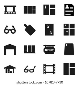 Flat vector icon set - window cleaning vector, shining, cutting board, glasses, personal information, film frame, barn, rent signboard