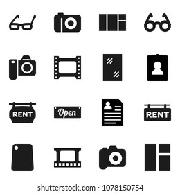 Flat vector icon set - window cleaning vector, cutting board, glasses, personal information, film frame, camera, rent signboard, open