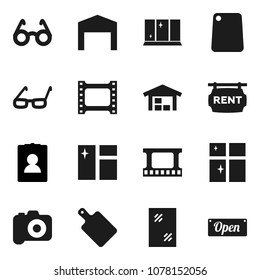 Flat vector icon set - window cleaning vector, shining, cutting board, glasses, personal information, film frame, camera, barn, rent signboard, open