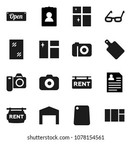 Flat vector icon set - window cleaning vector, shining, cutting board, glasses, personal information, camera, barn, rent signboard, open