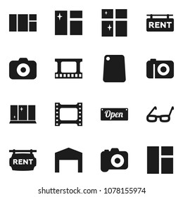 Flat vector icon set - window cleaning vector, shining, cutting board, glasses, film frame, camera, barn, rent signboard, open