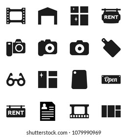 Flat vector icon set - window cleaning vector, shining, cutting board, glasses, personal information, film frame, camera, barn, rent signboard, open