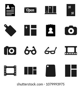Flat vector icon set - window cleaning vector, shining, cutting board, glasses, personal information, film frame, camera, open