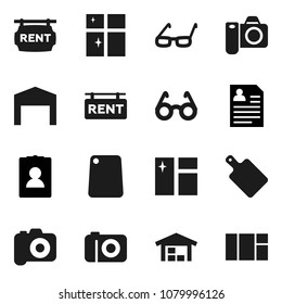 Flat vector icon set - window cleaning vector, shining, cutting board, glasses, personal information, camera, barn, rent signboard