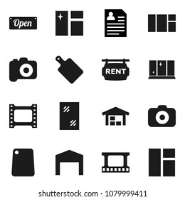 Flat vector icon set - window cleaning vector, shining, cutting board, personal information, film frame, camera, barn, rent signboard, open