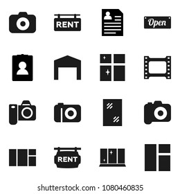 Flat vector icon set - window cleaning vector, shining, personal information, film frame, camera, barn, rent signboard, open