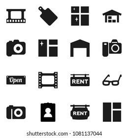 Flat vector icon set - window cleaning vector, shining, cutting board, glasses, personal information, film frame, camera, barn, rent signboard, open