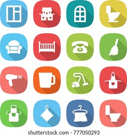 flat vector icon set - window vector, japanese house, arch, toilet, armchair, crib, phone, broom, hair dryer, cup, vacuum cleaner, apron, rag, hanger