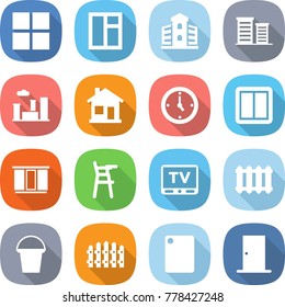 flat vector icon set - window vector, building, district, city, home, watch, power switch, wardrobe, Chair for babies, tv, radiator, bucket, fence, cutting board, door