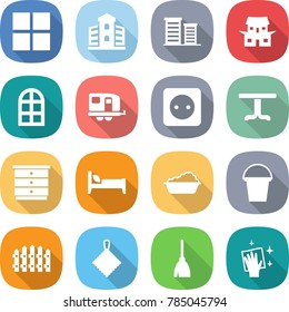 flat vector icon set - window vector, building, district, japanese house, arch, trailer, power socket, table, chest of drawers, bed, washing, bucket, fence, rag, broom, wiping